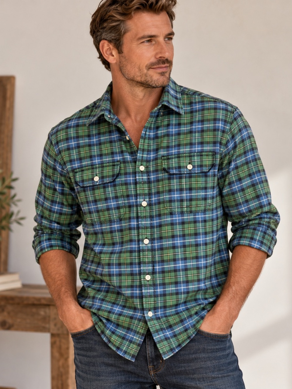 Club Monaco Green Blue Plaid Heavy Cotton Shirt